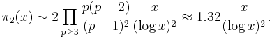 \pi_2(x) \sim 2  \prod_{p\ge 3} \frac{p(p-2)}{(p-1)^2}\frac{x}{(\log x)^2 } \approx 1.32 \frac {x}{(\log x)^2}.