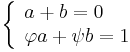 \left\{\begin{array}{l} a %2B b = 0\\ \varphi a %2B \psi b = 1\end{array}\right.