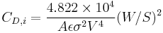 C_{D,i}=\frac{4.822 \times 10^4}{A \epsilon \sigma^2 V^4} (W/S)^2