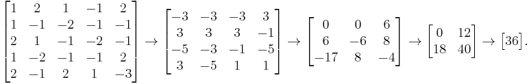 
\begin{bmatrix}
1 & 2 & 1 & -1 & 2  \\
1 & -1 & -2 & -1 & -1 \\
2 & 1 & -1 & -2 & -1 \\
1 & -2 & -1 & -1 & 2 \\
2 & -1 & 2 & 1 & -3
\end{bmatrix}
\to
\begin{bmatrix}
-3 & -3 & -3 & 3 \\
3 & 3 & 3 & -1 \\
-5 & -3 & -1 & -5 \\
3 & -5 & 1 & 1
\end{bmatrix}
\to
\begin{bmatrix}
0 & 0 & 6 \\
6 & -6 & 8 \\
-17 & 8 & -4
\end{bmatrix}
\to
\begin{bmatrix}
0 & 12 \\
18 & 40
\end{bmatrix}
\to
\begin{bmatrix}
36
\end{bmatrix}.
