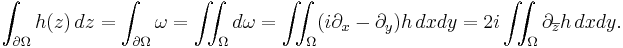  \int_{\partial \Omega} h(z) \, dz = \int_{\partial \Omega} \omega = \iint_\Omega d\omega  = \iint_\Omega (i\partial_x-\partial_y)h \, dx dy= 2i \iint_\Omega \partial_{\overline{z}} h \,dx dy.