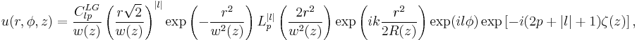 {u}(r,\phi,z)=\frac{C^{LG}_{lp}}{w(z)}\left(\frac{r \sqrt{2}}{w(z)}\right)^{|l|}\exp\left(-\frac{r^2}{w^2(z)}\right)L_p^{|l|} \left(\frac{2r^2}{w^2(z)}\right) 
\exp\left( i k \frac{r^2}{2 R(z)}\right)\exp(i l \phi)\exp\left[-i(2p%2B|l|%2B1)\zeta(z)\right],
