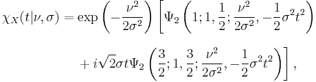 
\begin{align}
\chi_X(t|\nu,\sigma) & = \exp \left( -\frac{\nu^2}{2\sigma^2} \right) \left[
\Psi_2 \left( 1; 1, \frac{1}{2}; \frac{\nu^2}{2\sigma^2}, -\frac{1}{2} \sigma^2 t^2 \right) \right. \\[8pt]
& \left. {} \quad %2B i \sqrt{2} \sigma t 
\Psi_2 \left( \frac{3}{2}; 1, \frac{3}{2}; \frac{\nu^2}{2\sigma^2}, -\frac{1}{2} \sigma^2 t^2 \right) \right],
\end{align}
