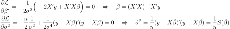 \begin{align}
  & \frac{\partial\mathcal{L}}{\partial\beta'} = -\frac{1}{2\sigma^2}\Big(-2X'y %2B X'X\beta\Big)=0 \quad\Rightarrow\quad \hat\beta = (X'X)^{-1}X'y \\
  & \frac{\partial\mathcal{L}}{\partial\sigma^2} = -\frac{n}{2}\frac{1}{\sigma^2} %2B \frac{1}{2\sigma^4}(y-X\beta)'(y-X\beta)=0 \quad\Rightarrow\quad \hat\sigma^2 = \frac{1}{n}(y-X\hat\beta)'(y-X\hat\beta) = \frac{1}{n}S(\hat\beta)
  \end{align}