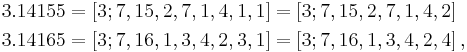 \begin{align}
3.14155 &= [3; 7, 15, 2, 7, 1, 4, 1, 1] = [3; 7, 15, 2, 7, 1, 4, 2]\\
3.14165 &= [3; 7, 16, 1, 3, 4, 2, 3, 1] = [3; 7, 16, 1, 3, 4, 2, 4] \,,
\end{align}