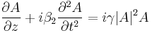 \frac{\partial A}{\partial z}%2Bi\beta_2\frac{\partial^2A}{\partial t^2}=i\gamma|A|^2A