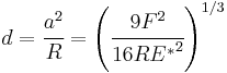 
   d = \cfrac{a^2}{R} = \left(\cfrac{9F^2}{16R{E^*}^2}\right)^{1/3}
 