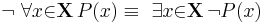 \lnot\ \forall{x}{\in}\mathbf{X}\, P(x) \equiv\ \exists{x}{\in}\mathbf{X}\, \lnot P(x)