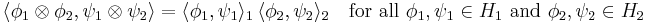  \langle\phi_1\otimes\phi_2,\psi_1\otimes\psi_2\rangle = \langle\phi_1,\psi_1\rangle_1 \, \langle\phi_2,\psi_2\rangle_2 \quad \mbox{for all } \phi_1,\psi_1 \in H_1 \mbox{ and } \phi_2,\psi_2 \in H_2 