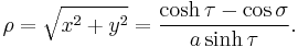 
\rho=\sqrt{x^2%2By^2}=\frac{\cosh\tau-\cos\sigma}{a\sinh\tau}.
