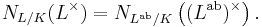 N_{L/K}(L^\times)=N_{L^{\text{ab}}/K}\left((L^{\text{ab}})^\times\right).