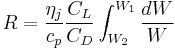 R=\frac{\eta_j}{c_p}\frac{C_L}{C_D}\int_{W_2}^{W_1}\frac{dW}{W}