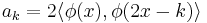 a_k=2 \langle\phi(x),\phi(2x-k)\rangle