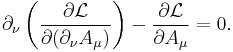  \partial_\nu \left( \frac{\partial \mathcal{L}}{\partial ( \partial_\nu A_\mu )} \right) - \frac{\partial \mathcal{L}}{\partial A_\mu} = 0 . \,