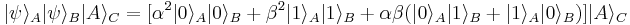 |\psi\rangle_A |\psi\rangle_B |A\rangle_C = [\alpha^2 |0 \rangle_A |0\rangle_B %2B \beta^2 
|1\rangle_A |1\rangle_B %2B \alpha \beta (|0\rangle_A |1\rangle_B %2B |1 \rangle_A |0\rangle_B ) ] 
|A \rangle_C