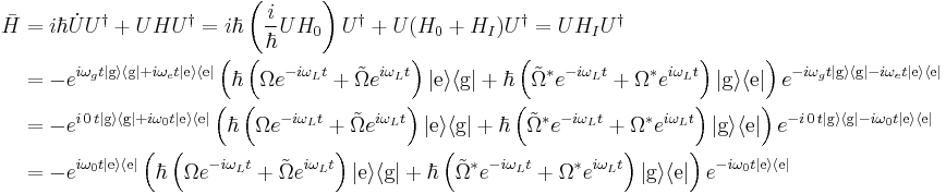 \begin{align}

\bar{H}&=i\hbar\dot{U}U^\dagger%2BUHU^\dagger
=i\hbar\left(\frac{i}{\hbar}UH_0\right)U^\dagger%2BU(H_0%2BH_I)U^\dagger
=UH_IU^\dagger \\
&=-e^{i\omega_gt|\text{g}\rangle\langle\text{g}| %2B i\omega_et|\text{e}\rangle\langle\text{e}|}\left(
    \hbar\left(\Omega e^{-i\omega_Lt}%2B\tilde{\Omega}e^{i\omega_Lt}\right)|\text{e}\rangle\langle\text{g}|
   %2B\hbar\left(\tilde{\Omega}^*e^{-i\omega_Lt}%2B\Omega^*e^{i\omega_Lt}\right)|\text{g}\rangle\langle\text{e}|\right)
  e^{-i\omega_gt|\text{g}\rangle\langle\text{g}| - i\omega_et|\text{e}\rangle\langle\text{e}|}\\
&=-e^{i\,0\,t|\text{g}\rangle\langle\text{g}| %2B i\omega_0t|\text{e}\rangle\langle\text{e}|}\left(
    \hbar\left(\Omega e^{-i\omega_Lt}%2B\tilde{\Omega}e^{i\omega_Lt}\right)|\text{e}\rangle\langle\text{g}|
   %2B\hbar\left(\tilde{\Omega}^*e^{-i\omega_Lt}%2B\Omega^*e^{i\omega_Lt}\right)|\text{g}\rangle\langle\text{e}|\right)
  e^{-i\,0\,t|\text{g}\rangle\langle\text{g}| - i\omega_0t|\text{e}\rangle\langle\text{e}|}\\
&=-e^{i\omega_0t|\text{e}\rangle\langle\text{e}|}\left(
    \hbar\left(\Omega e^{-i\omega_Lt}%2B\tilde{\Omega}e^{i\omega_Lt}\right)|\text{e}\rangle\langle\text{g}|
   %2B\hbar\left(\tilde{\Omega}^*e^{-i\omega_Lt}%2B\Omega^*e^{i\omega_Lt}\right)|\text{g}\rangle\langle\text{e}|\right)
  e^{-i\omega_0t|\text{e}\rangle\langle\text{e}|}\\
\end{align}