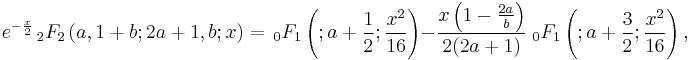 e^{-\frac x 2} \, {}_2F_2 \left(a, 1%2Bb; 2a%2B1, b; x\right)= \, {}_0F_1 \left(;a%2B\frac 1 2; \frac {x^2} {16}\right) - \frac{x\left(1-\frac{2a} b\right)}{2(2a%2B1)}\; {}_0F_1 \left(;a%2B\frac 3 2; \frac {x^2} {16}\right),