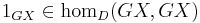 1_{GX}\in\mathrm{hom}_D(GX,GX)