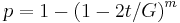 p = 1 - \left(1 - 2 t / G\right)^m