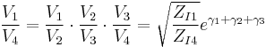 \frac{V_1}{V_4}=\frac{V_1}{V_2}\cdot\frac{V_2}{V_3}\cdot\frac{V_3}{V_4}=\sqrt{\frac{Z_{I1}}{Z_{I4}}}e^{\gamma_1%2B\gamma_2%2B\gamma_3}