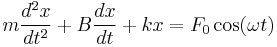 m \frac{d^2 x}{d t^2} %2B B \frac{d x}{d t} %2B kx = F_0 \cos(\omega t)