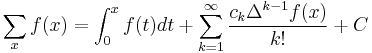 \sum _x f(x)=\int_0^x f(t) dt %2B\sum_{k=1}^\infty \frac{c_k\Delta^{k-1}f(x)}{k!} %2B C 