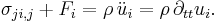  
 \sigma_{ji,j}%2B F_i = \rho\,\ddot{u}_i = \rho\,\partial_{tt}u_i.
\,\!