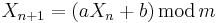 X_{n%2B1} = (a X_n %2B b)\, \textrm{mod}\, m