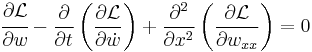 
   \cfrac{\partial\mathcal{L}}{\partial w} - \frac{\partial}{\partial t}\left(\frac{\partial \mathcal{L}}{\partial \dot{w}}\right)  %2B \frac{\partial^2}{\partial x^2}\left(\frac{\partial \mathcal{L}}{\partial w_{xx}}\right) = 0
 