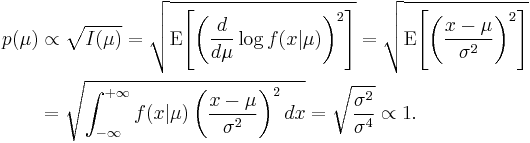 \begin{align} p(\mu) & \propto \sqrt{I(\mu)}
= \sqrt{\operatorname{E}\!\left[ \left( \frac{d}{d\mu} \log f(x|\mu) \right)^2\right]}
= \sqrt{\operatorname{E}\!\left[ \left( \frac{x - \mu}{\sigma^2} \right)^2 \right]} \\
& = \sqrt{\int_{-\infty}^{%2B\infty} f(x|\mu) \left(\frac{x-\mu}{\sigma^2}\right)^2 dx}
= \sqrt{\frac{\sigma^2}{\sigma^4}}
\propto 1.\end{align}