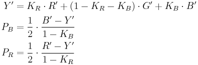 \begin{align}
Y' &= K_R \cdot R' %2B (1 - K_R - K_B) \cdot G' %2B K_B \cdot B'\\
P_B &=\frac12 \cdot \frac{B' - Y'}{1 - K_B}\\
P_R &=\frac12 \cdot \frac{R' - Y'}{1 - K_R}
\end{align}