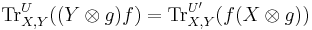 \mathrm{Tr}^U_{X,Y}((Y\otimes g)f)=\mathrm{Tr}^{U'}_{X,Y}(f(X\otimes g))