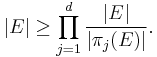 | E | \geq \prod_{j = 1}^{d} \frac{| E |}{| \pi_{j} (E) |}.