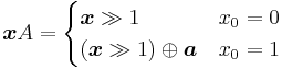 
\boldsymbol{x}A = \begin{cases}\boldsymbol{x} \gg 1 & x_0 = 0\\(\boldsymbol{x} \gg 1) \oplus \boldsymbol{a} & x_0 = 1\end{cases}
