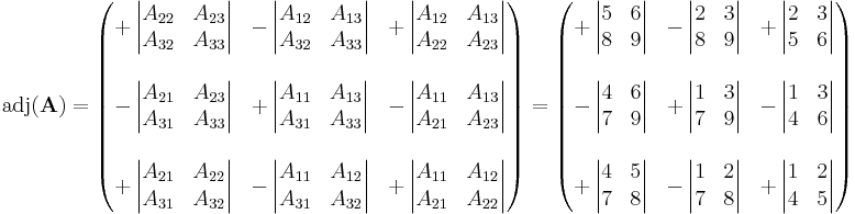 
\operatorname{adj}(\mathbf{A}) = \begin{pmatrix} 
%2B\left| \begin{matrix} A_{22} & A_{23} \\ A_{32} & A_{33} \end{matrix} \right| &
-\left| \begin{matrix} A_{12} & A_{13} \\ A_{32} & A_{33}  \end{matrix} \right| &
%2B\left| \begin{matrix} A_{12} & A_{13} \\ A_{22} & A_{23} \end{matrix} \right| \\
 & & \\
-\left| \begin{matrix} A_{21} & A_{23} \\ A_{31} & A_{33} \end{matrix} \right| &
%2B\left| \begin{matrix} A_{11} & A_{13} \\ A_{31} & A_{33} \end{matrix} \right| &
-\left| \begin{matrix} A_{11} & A_{13} \\ A_{21} & A_{23}  \end{matrix} \right| \\
 & & \\
%2B\left| \begin{matrix} A_{21} & A_{22} \\ A_{31} & A_{32} \end{matrix} \right| &
-\left| \begin{matrix} A_{11} & A_{12} \\ A_{31} & A_{32} \end{matrix} \right| &
%2B\left| \begin{matrix} A_{11} & A_{12} \\ A_{21} & A_{22} \end{matrix} \right|
\end{pmatrix} = \begin{pmatrix} 
%2B\left| \begin{matrix} 5 & 6 \\ 8 & 9 \end{matrix} \right| &
-\left| \begin{matrix} 2 & 3 \\ 8 & 9  \end{matrix} \right| &
%2B\left| \begin{matrix} 2 & 3 \\ 5 & 6 \end{matrix} \right| \\
 & & \\
-\left| \begin{matrix} 4 & 6 \\ 7 & 9 \end{matrix} \right| &
%2B\left| \begin{matrix} 1 & 3 \\ 7 & 9 \end{matrix} \right| &
-\left| \begin{matrix} 1 & 3 \\ 4 & 6  \end{matrix} \right| \\
 & & \\
%2B\left| \begin{matrix} 4 & 5 \\ 7 & 8 \end{matrix} \right| &
-\left| \begin{matrix} 1 & 2 \\ 7 & 8 \end{matrix} \right| &
%2B\left| \begin{matrix} 1 & 2 \\ 4 & 5 \end{matrix} \right|
\end{pmatrix}
