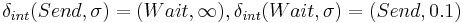 \delta_{int}(Send,\sigma)=(Wait,\infty),\delta_{int}(Wait,\sigma)=(Send,0.1)\,