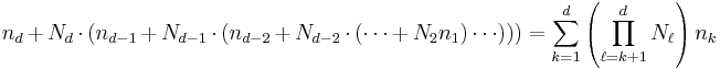 n_d %2B N_d \cdot (n_{d-1} %2B N_{d-1} \cdot (n_{d-2} %2B N_{d-2} \cdot (\cdots %2B N_2 n_1)\cdots)))
= \sum_{k=1}^d \left( \prod_{\ell=k%2B1}^d N_\ell \right) n_k
