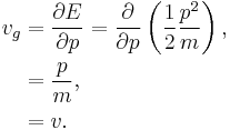 \begin{align}
  v_g &= \frac{\partial E}{\partial p} = \frac{\partial}{\partial p} \left( \frac{1}{2}\frac{p^2}{m} \right),\\
    &= \frac{p}{m},\\
    &= v.
\end{align}