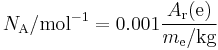 N_{\rm A}/{\rm mol}^{-1} = 0.001\frac{A_{\rm r}({\rm e})}{m_{\rm e}/{\rm kg}}