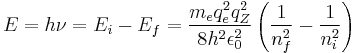 E = h\nu = E_i-E_f=\frac{m_e q_e^2 q_Z^2}{8 h^2 \epsilon_{0}^2} \left( \frac{1}{n_{f}^2} - \frac{1}{n_{i}^2} \right) \,