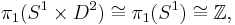 \pi_1(S^1 \times D^2) \cong \pi_1(S^1) \cong \mathbb{Z},