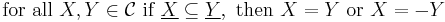 \mbox{ for all } X,Y \in \mathcal{C} \mbox{ if } \underline{X} \subseteq \underline{Y}, \mbox{ then } X=Y \mbox{ or } X = -Y