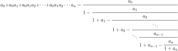 
a_0 %2B a_0a_1 %2B a_0a_1a_2 %2B \cdots %2B a_0a_1a_2\cdots a_n =
\cfrac{a_0}{1 - \cfrac{a_1}{1 %2B a_1 - \cfrac{a_2}{1 %2B a_2 - \cfrac{\ddots}{\ddots 
\cfrac{a_{n-1}}{1 %2B a_{n-1} - \cfrac{a_n}{1 %2B a_n}}}}}}\,
