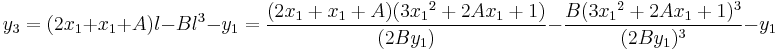 y_3 = (2x_1%2Bx_1%2BA)l-Bl^3-y_1 = \frac{(2x_1%2Bx_1%2BA)(3{x_1}^2%2B2Ax_1%2B1)}{(2By_1)}-\frac{B(3{x_1}^2%2B2Ax_1%2B1)^3}{(2By_1)^3}-y_1