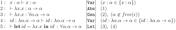 
\begin{array}{llll}
1: & x:\alpha \vdash x�: \alpha & [\texttt{Var}] & (x:\alpha \in \left\{x:\alpha\right\})\\
2: & \vdash \lambda x.x�: \alpha\rightarrow\alpha & [\texttt{Abs}] & (1)\\
3: & \vdash \lambda x.x�: \forall \alpha.\alpha\rightarrow\alpha & [\texttt{Gen}] & (2),\ (\alpha \not\in free(\epsilon))\\
4: & id:\lambda\alpha.\alpha\rightarrow\alpha \vdash id�: \lambda\alpha.\alpha\rightarrow\alpha & [\texttt{Var}] & (id:\lambda\alpha.\alpha\rightarrow\alpha \in \left\{id�: \lambda\alpha.\alpha\rightarrow\alpha\right\})\\
5: & \vdash \textbf{let}\, id = \lambda x . x\ \textbf{in}\  id\,�:\,\forall\alpha.\alpha\rightarrow\alpha  & [\texttt{Let}] & (3),\ (4)\\
\end{array}
