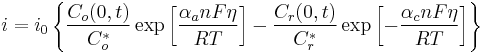  i = i_0  \left\{ {\frac {C_o(0,t)} {C_o^*}} \exp \left[ \frac { \alpha_a nF \eta} { RT } \right] - {\frac {C_r(0,t)} {C_r^*}} \exp \left[ - { \frac { \alpha_c nF \eta} { RT } } \right] \right\} 