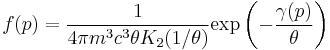  f(p) = \frac{1}{4 \pi m^3 c^3 \theta K_2(1/\theta)} \mathrm{exp}\left( -\frac{\gamma(p)}{\theta}\right)
