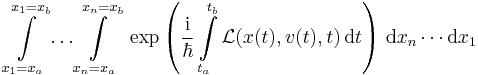 \int\limits_{x_1=x_a}^{x_1=x_b} \ldots \int\limits_{x_n=x_a}^{x_n=x_b}
\ \exp \left(\frac{{\rm i}}{\hbar}\int\limits_{t_a}^{t_b} \mathcal L(x(t),v(t), t)\,\mathrm{d}t\right)
\, \mathrm{d}x_n \cdots \mathrm{d}x_{1}