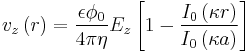 v_z\left (r \right) = \frac{\epsilon \phi_0}{4 \pi \eta} E_z \left [ 1 - \frac {I_0 \left ( \kappa r \right )} {I_0 \left ( \kappa a \right )} \right ]