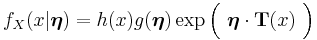  f_X(x|\boldsymbol \eta) = h(x) g(\boldsymbol \eta) \exp\Big(\ \boldsymbol\eta \cdot \mathbf{T}(x)\ \Big) \,\!